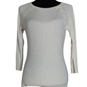 New York & Company Ribbed Knit Top Lace Up‎ Detail Long Sleeve Cream Size S